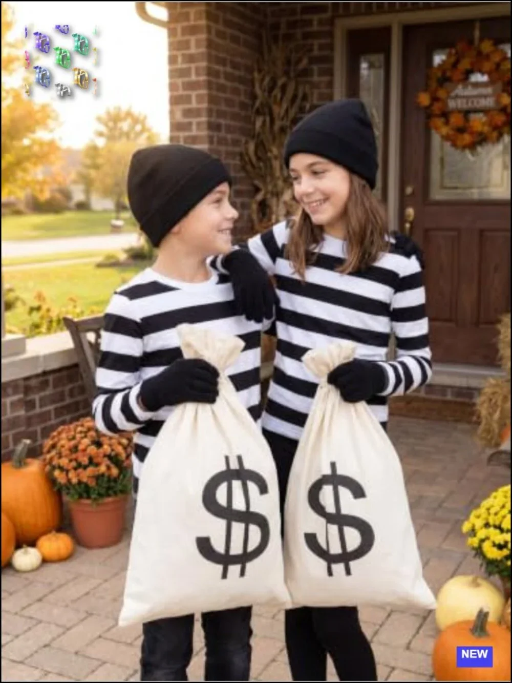 Kids Robber Costume Halloween Striped Tee with Bag Gloves Eye Patch Mask